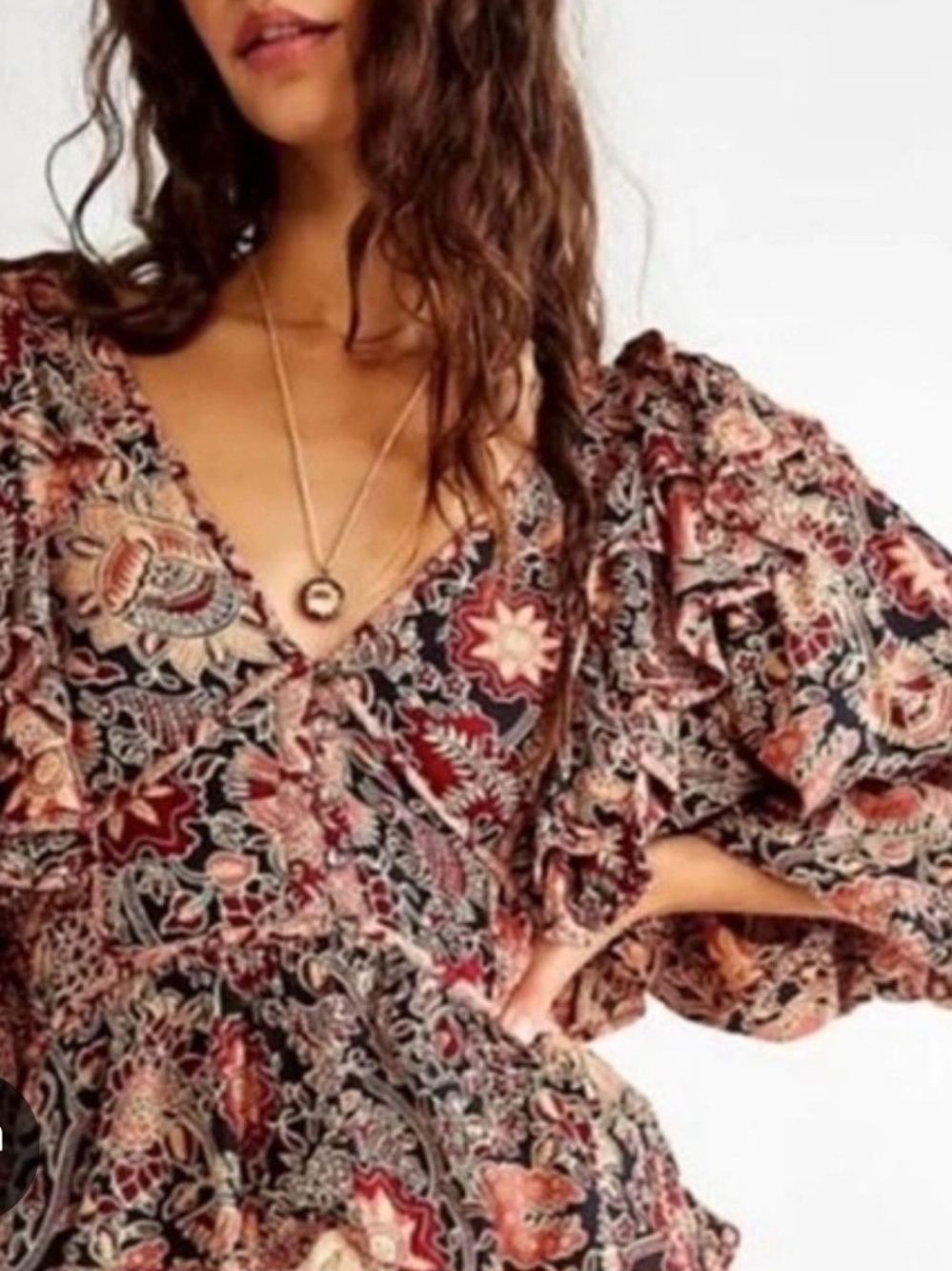House of Harlow 1960 Black and Rust Paisley V-Neck Peasant Blouse Large